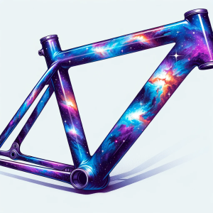 DALL·E 2024-01-23 14.24.24 - Illustrate a bicycle frame with a galaxy theme, showing a detaile...png